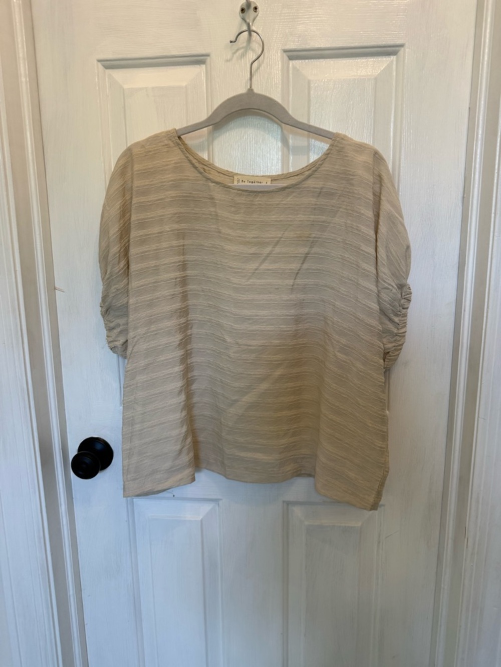 By Together Beige Striped Short Sleeve Blouse
